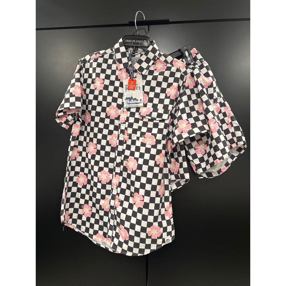 Free Planet‎ Mens 2 Piece Set Checkerboard Hibiscus Shirt and Swim Trunks Small